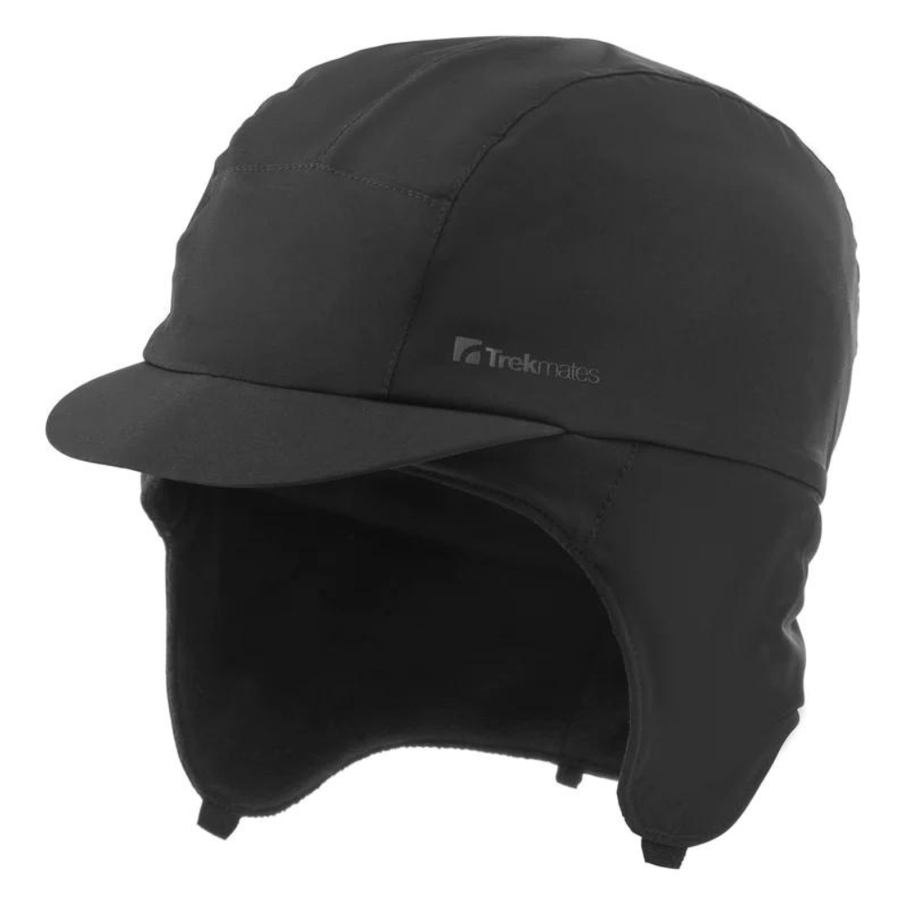 Stretch mountain cap with GORE-TEX waterproof and breathable technology and fleece lining and foldable earflaps.